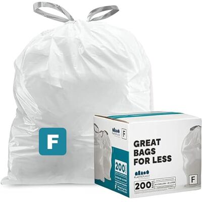 Plasticplace Custom Fit Trash Bags, Compatible with simplehuman Code F (200 Count) White Drawstring Garbage Liners 6.5 Gallon, 21.75" x 20 Plasticplace Custom Fit Trash Bags, Compatible with simplehuman Code F (200 Count) White Drawstring Garbage Liners 6.5 Gallon, 21.75" x 20