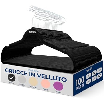SereneLife 100 Pezzi di Appendini Armadio, Antiscivolo in Velluto, Appendiabiti Salvaspazio, Gancio Girevole 360°, Nero, Grucce per Abiti SereneLife 100 Pezzi di Appendini Armadio, Antiscivolo in Velluto, Appendiabiti Salvaspazio, Gancio Girevole 360°, Nero, Grucce per Abiti
