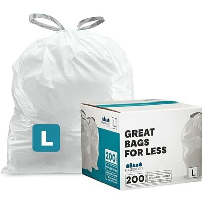 Plasticplace simplehuman Codice L Compatibile (conteggio 200) │ Sacchetti per immondizia con Coulisse, Bianco Plasticplace simplehuman Codice L Compatibile (conteggio 200) │ Sacchetti per immondizia con Coulisse, Bianco