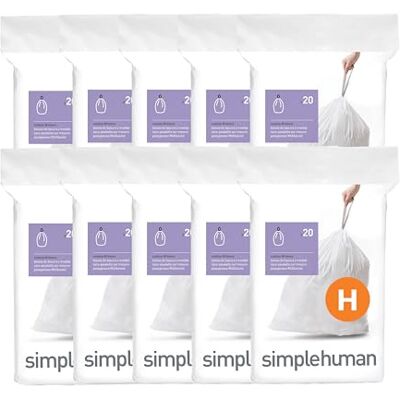simplehuman Code H 200 Count, Dispenser Pack Custom Fit Liners, Drawstring Trash Bags, 30-35 Liter / 8-9 Gallon, White simplehuman Code H 200 Count, Dispenser Pack Custom Fit Liners, Drawstring Trash Bags, 30-35 Liter / 8-9 Gallon, White