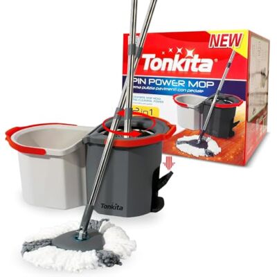 Tonkita Spin Power Set Mocio e Secchio, Plastica e Metallo, Bianco e Grigio, Manico Telescopico, Testa in Microfibra, Rotazione 360°, 500 Grammi Tonkita Spin Power Set Mocio e Secchio, Plastica e Metallo, Bianco e Grigio, Manico Telescopico, Testa in Microfibra, Rotazione 360°, 500 Grammi