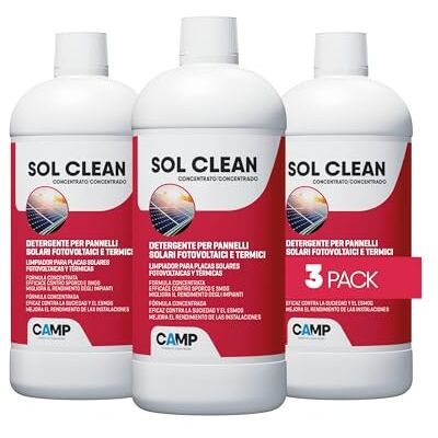 CAMP Sol Clean Concentrato Detergente per Pannelli Solari, Pulizia Pannelli Fotovoltaici ad Asciugatura Rapida Rimuove Sporco, Polveri, Smog e Calcare e Migliora il Rendimento Energetico, 3x1L CAMP Sol Clean Concentrato Detergente per Pannelli Solari, Pulizia Pannelli Fotovoltaici ad Asciugatura Rapida Rimuove Sporco, Polveri, Smog e Calcare e Migliora il Rendimento Energetico, 3x1L