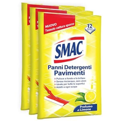 Smac Panni Umidi Detergenti Lavapavimenti Adatti a Ogni Scopa, 36 Panni, Pulizia senza Risciacquo, Zero Aloni, Profumo di Limone, 12 Panni x 3 Confezioni Smac Panni Umidi Detergenti Lavapavimenti Adatti a Ogni Scopa, 36 Panni, Pulizia senza Risciacquo, Zero Aloni, Profumo di Limone, 12 Panni x 3 Confezioni