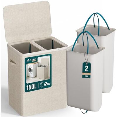 VOUNOT ® Cesto Portabiancheria 150L Rettangolare a 2 Scomparti con Coperchio, Cesto Biancheria Grande Capacità con 2 Sacchi Rimovibili Autoportante e Manici, per Bagno, Camera e Lavanderia, Beige VOUNOT ® Cesto Portabiancheria 150L Rettangolare a 2 Scomparti con Coperchio, Cesto Biancheria Grande Capacità con 2 Sacchi Rimovibili Autoportante e Manici, per Bagno, Camera e Lavanderia, Beige