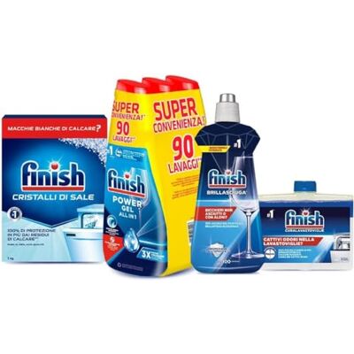 Finish Kit Lavastoviglie; Powergel Detersivo Lavastoviglie Fresh 90 Lavaggi, Brillantante Regular 500ml, Curalavastoviglie regular 250ml, Cristalli di Sale 1kg Finish Kit Lavastoviglie; Powergel Detersivo Lavastoviglie Fresh 90 Lavaggi, Brillantante Regular 500ml, Curalavastoviglie regular 250ml, Cristalli di Sale 1kg
