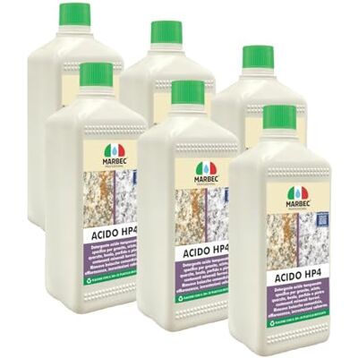 Marbec Acido HP4 1LTx6Pz Detergente acido tamponato per pulizia disincrostante di porfido, granito e pietre ferrose. Marbec Acido HP4 1LTx6Pz Detergente acido tamponato per pulizia disincrostante di porfido, granito e pietre ferrose.