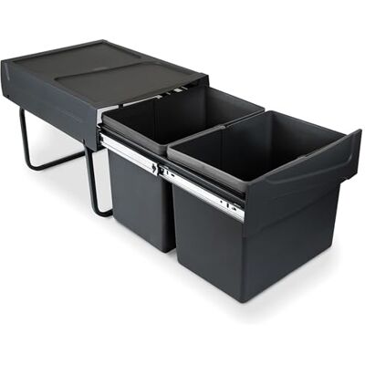 Emuca Contenitore per la raccolta differenziata da montare sul fondo ed estraibile manualmente in cucina 2x15lt, Tecnoplastica, Nera Emuca Contenitore per la raccolta differenziata da montare sul fondo ed estraibile manualmente in cucina 2x15lt, Tecnoplastica, Nera
