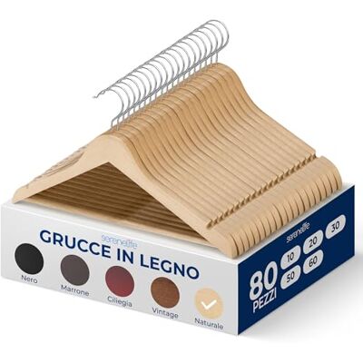SereneLife Grucce Appendiabiti in Legno Massiccio, Stampelle Armadio Resistenti, Set da 80 Appendiabiti con Gancio Girevole a 360°, Design con Incavi, Colore Naturale SereneLife Grucce Appendiabiti in Legno Massiccio, Stampelle Armadio Resistenti, Set da 80 Appendiabiti con Gancio Girevole a 360°, Design con Incavi, Colore Naturale