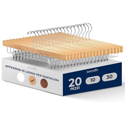 SereneLife Grucce Appendiabiti Salvaspazio in Legno Naturale, Stampelle Armadio 20 Pezzi con Pinze Regolabili, 35,5x1,3x17 cm, Grucce per Pantaloni e Abiti SereneLife Grucce Appendiabiti Salvaspazio in Legno Naturale, Stampelle Armadio 20 Pezzi con Pinze Regolabili, 35,5x1,3x17 cm, Grucce per Pantaloni e Abiti