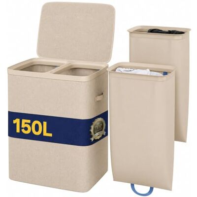 BAKAJI Cesto Portabiancheria Sporca a 2 Scomparti, Cestino Doppio in Poliestere con Sacchi Estraibili per Biancheria e Bucato con Maniglie, Coperchio Antiodore, 56 x 40 x 67 cm (Beige) BAKAJI Cesto Portabiancheria Sporca a 2 Scomparti, Cestino Doppio in Poliestere con Sacchi Estraibili per Biancheria e Bucato con Maniglie, Coperchio Antiodore, 56 x 40 x 67 cm (Beige)