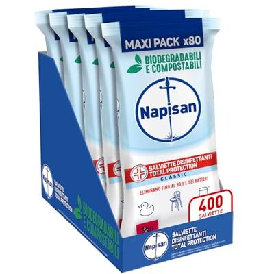 Napisan Salviette Disinfettanti Total Protection, Confezione da 5 Pacchi x 80 Salviette Disinfettanti Biodegradabili e Compostabili Multisuperfici Napisan Salviette Disinfettanti Total Protection, Confezione da 5 Pacchi x 80 Salviette Disinfettanti Biodegradabili e Compostabili Multisuperfici