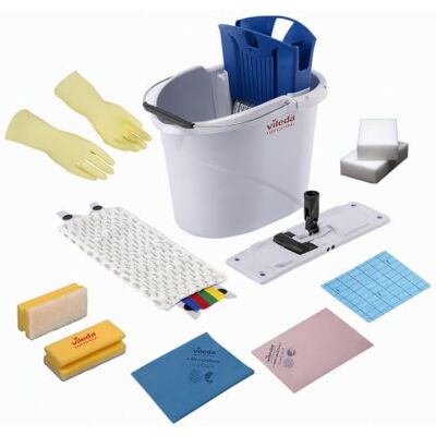 Vileda Professional , UltraSpeed Mini Kit, Sistema lavapavimenti piani, 10 panni Quick'n Dry, 1 panno micro r-Blue, 2 spugne Miraclean, 2 panni micro PVA, 1 spugna Glitzi, Guanti, non include il manico Vileda Professional , UltraSpeed Mini Kit, Sistema lavapavimenti piani, 10 panni Quick'n Dry, 1 panno micro r-Blue, 2 spugne Miraclean, 2 panni micro PVA, 1 spugna Glitzi, Guanti, non include il manico