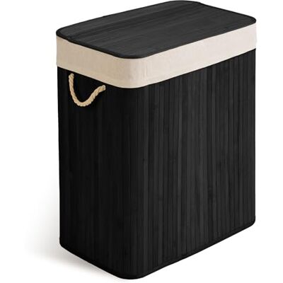 Massido Cesto portabiancheria a 2 scomparti, 100 l, con coperchio e sacco per la biancheria, in bambù, colore nero, 61 x 54 x 34 cm Massido Cesto portabiancheria a 2 scomparti, 100 l, con coperchio e sacco per la biancheria, in bambù, colore nero, 61 x 54 x 34 cm