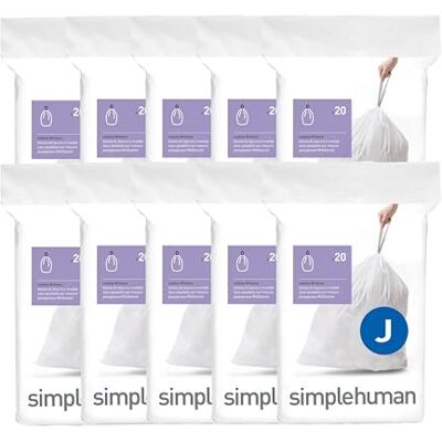 simplehuman Code J Sacchetti per la spazzatura con coulisse, 30-45 litri, 200 pezzi, colore: bianco simplehuman Code J Sacchetti per la spazzatura con coulisse, 30-45 litri, 200 pezzi, colore: bianco