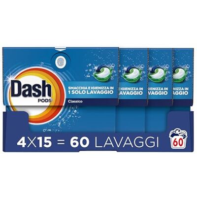 Dash Pods Detersivo In Capsule, 60 (4x15) Lavaggi, Classico, Rimuove Le Macchie, Igienizza, Brillantezza Per I Capi Dash Pods Detersivo In Capsule, 60 (4x15) Lavaggi, Classico, Rimuove Le Macchie, Igienizza, Brillantezza Per I Capi