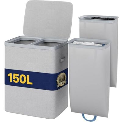 BAKAJI Cesto Portabiancheria Sporca a 2 Scomparti, Cestino Doppio in Poliestere con Sacchi Estraibili per Biancheria e Bucato con Maniglie, Coperchio Antiodore, 56 x 40 x 67 cm (Grigio) BAKAJI Cesto Portabiancheria Sporca a 2 Scomparti, Cestino Doppio in Poliestere con Sacchi Estraibili per Biancheria e Bucato con Maniglie, Coperchio Antiodore, 56 x 40 x 67 cm (Grigio)