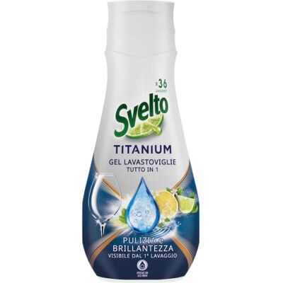 Svelto Gel Lavastoviglie Tutto in 1 Titanium, 6 Pezzi da 36 Lavaggi, Detersivo Lavastoviglie con Agenti Anti-calcare Attivi, Azione Super Sgrassante e Brillantezza, Bottiglia 100% Plastica Riciclata Svelto Gel Lavastoviglie Tutto in 1 Titanium, 6 Pezzi da 36 Lavaggi, Detersivo Lavastoviglie con Agenti Anti-calcare Attivi, Azione Super Sgrassante e Brillantezza, Bottiglia 100% Plastica Riciclata