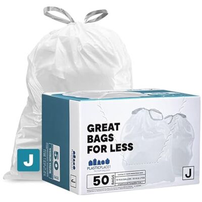 Plasticplace Custom Fit Trash Bags Compatible with Simplehuman Code J 50 Count White Drawstring Garbage Liners 10-10.5 Gallon 21"x28" Tear-Resistant LLDPE Bags for Kitchen Bathroom & Office Plasticplace Custom Fit Trash Bags Compatible with Simplehuman Code J 50 Count White Drawstring Garbage Liners 10-10.5 Gallon 21"x28" Tear-Resistant LLDPE Bags for Kitchen Bathroom & Office