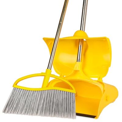 Dodifker Set di scopa e paletta con manico lungo resistente, paletta e spazzola per uso esterno e commerciale, per ristorante, garage, giardino, cortile, ufficio, giallo Dodifker Set di scopa e paletta con manico lungo resistente, paletta e spazzola per uso esterno e commerciale, per ristorante, garage, giardino, cortile, ufficio, giallo