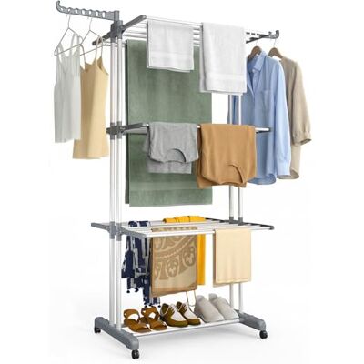 VOUNOT ® Stendino Verticale a 4 Livelli 126x63x170 cm, Stendibiancheria Grande Capacità Pieghevole con Ruote e Ali Laterali, Uso Interno ed Esterno, Grigio Bianco VOUNOT ® Stendino Verticale a 4 Livelli 126x63x170 cm, Stendibiancheria Grande Capacità Pieghevole con Ruote e Ali Laterali, Uso Interno ed Esterno, Grigio Bianco
