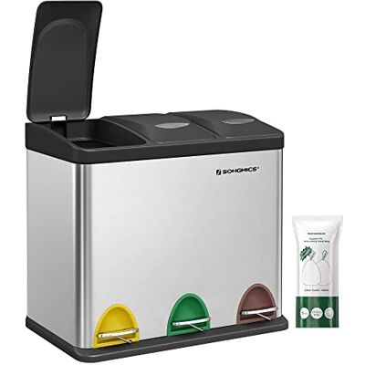 SONGMICS Cestino per Rifiuti da Cucina, 3 x 8 L Pattumiera Differenziata Piccolo Volume, Cestino Triplo in Acciaio, Pedali e Secchi Interni, Facile da Pulire, Argento e Nero SONGMICS Cestino per Rifiuti da Cucina, 3 x 8 L Pattumiera Differenziata Piccolo Volume, Cestino Triplo in Acciaio, Pedali e Secchi Interni, Facile da Pulire, Argento e Nero