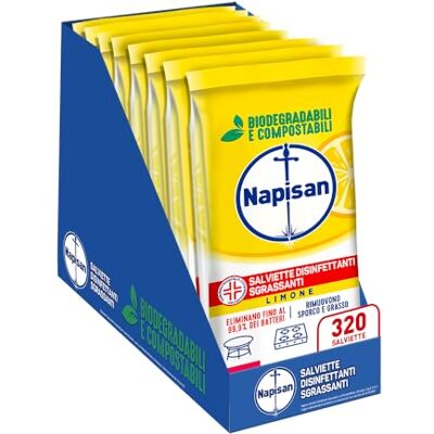 Napisan Salviette Disinfettanti Sgrassanti al Limone, Confezione da 8 Pacchi x 40 Salviette Disinfettanti Biodegradabili e Compostabili Multisuperfici Napisan Salviette Disinfettanti Sgrassanti al Limone, Confezione da 8 Pacchi x 40 Salviette Disinfettanti Biodegradabili e Compostabili Multisuperfici