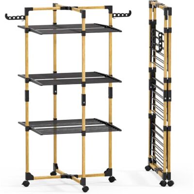 VOUNOT ® Stendibiancheria Verticale a Torre 3 Ripiani 25 m Spazio di Stenditura, Stendino Pieghevole con 4 Ruote e 2 Alette Laterali, Grande Capacità per Uso Interno ed Esterno, Nero VOUNOT ® Stendibiancheria Verticale a Torre 3 Ripiani 25 m Spazio di Stenditura, Stendino Pieghevole con 4 Ruote e 2 Alette Laterali, Grande Capacità per Uso Interno ed Esterno, Nero
