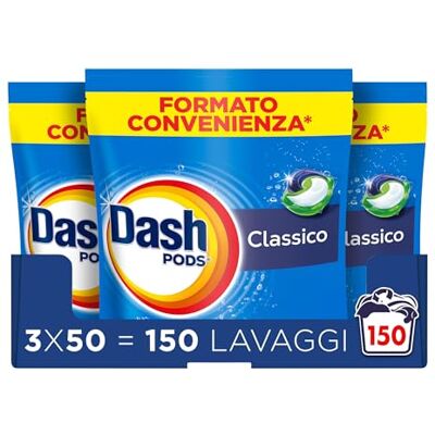 Dash Pods Detersivo Lavatrice In Capsule, 150 Lavaggi (3x50), Classico, Rimuove Le Macchie, Igienizza, Brillantezza Per I Capi Dash Pods Detersivo Lavatrice In Capsule, 150 Lavaggi (3x50), Classico, Rimuove Le Macchie, Igienizza, Brillantezza Per I Capi