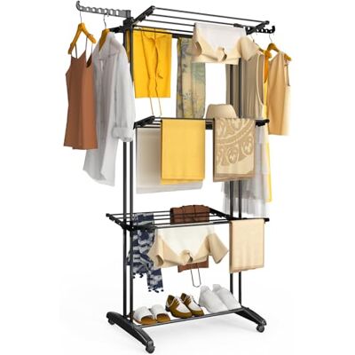 VOUNOT ® Stendino Verticale Salvaspazio a 4 Livelli 125x62x173 cm, Stendibiancheria Pieghevole Grande Capacità con Ruote e Ali Ripiegabili, Uso Interno ed Esterno, Nero VOUNOT ® Stendino Verticale Salvaspazio a 4 Livelli 125x62x173 cm, Stendibiancheria Pieghevole Grande Capacità con Ruote e Ali Ripiegabili, Uso Interno ed Esterno, Nero