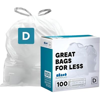 Plasticplace Custom Fit Trash Bags, Compatible with simplehuman Code D White Drawstring Garbage Liners 5.3 Gallon / 20 Liter, 15.75" x 28", 100 Count (Pack of 1) Plasticplace Custom Fit Trash Bags, Compatible with simplehuman Code D White Drawstring Garbage Liners 5.3 Gallon / 20 Liter, 15.75" x 28", 100 Count (Pack of 1)
