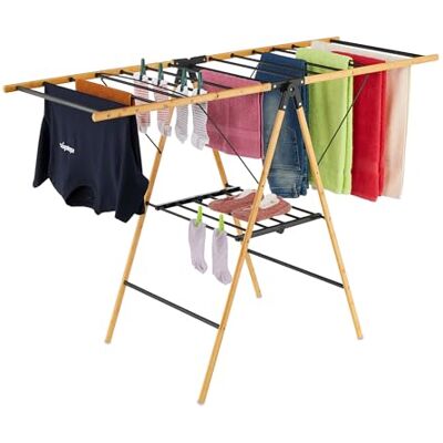 Relaxdays Stendino Pieghevole con Ali, Stendibiancheria Alato con 2 Livelli, HLP: 100x148x56 cm, in Ferro e bambù, Nero Relaxdays Stendino Pieghevole con Ali, Stendibiancheria Alato con 2 Livelli, HLP: 100x148x56 cm, in Ferro e bambù, Nero