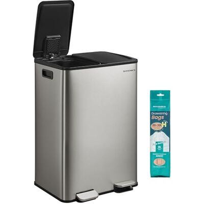 SONGMICS Cestino da Cucina, 2 x 30 L, 2 Scomparti, Pattumiera a Pedale con Coperchio a Chiusura Morbida e Secchio Interno, Acciaio Inossidabile, 15 Sacchi Inclusi, Color Argento SONGMICS Cestino da Cucina, 2 x 30 L, 2 Scomparti, Pattumiera a Pedale con Coperchio a Chiusura Morbida e Secchio Interno, Acciaio Inossidabile, 15 Sacchi Inclusi, Color Argento