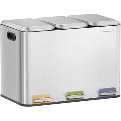 SONGMICS HOME Cestino da Cucina Tripla, Pattumiera per Raccolta Differenziata 3 x 15 L con Pedali Colorati, Raccolta Differenziata, Coperchio e Secchi Interni, Acciaio, Argento Metallizzato SONGMICS HOME Cestino da Cucina Tripla, Pattumiera per Raccolta Differenziata 3 x 15 L con Pedali Colorati, Raccolta Differenziata, Coperchio e Secchi Interni, Acciaio, Argento Metallizzato