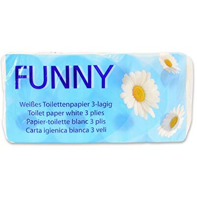 Funny carta igienica, 3 veli, 250 fogli, 9,5 cm x 11 cm, bianco, confezione singola da 8 rotoli Funny carta igienica, 3 veli, 250 fogli, 9,5 cm x 11 cm, bianco, confezione singola da 8 rotoli