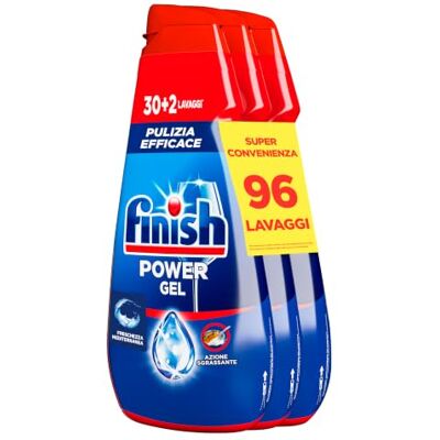 Finish Power Gel, Detersivo per Lavastoviglie Liquido, 96 Lavaggi, 3 confezioni da 30+2 Lavaggi, Freschezza Mediterranea, Pulizia Efficace, Azione Sgrassante Finish Power Gel, Detersivo per Lavastoviglie Liquido, 96 Lavaggi, 3 confezioni da 30+2 Lavaggi, Freschezza Mediterranea, Pulizia Efficace, Azione Sgrassante