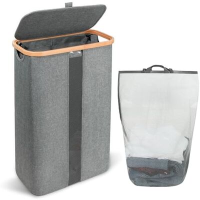 Cozary 60L Cesto Portabiancheria con Coperchio, Cesto Portabiancheria con Manico in Legno, Salvaspazio, Sacco Rimovibile, Tessuto Oxford, per Camera da Letto, Bagno, Cameretta dei Bambini (Grigio) Cozary 60L Cesto Portabiancheria con Coperchio, Cesto Portabiancheria con Manico in Legno, Salvaspazio, Sacco Rimovibile, Tessuto Oxford, per Camera da Letto, Bagno, Cameretta dei Bambini (Grigio)