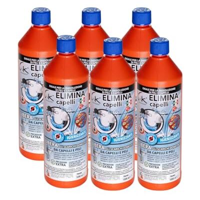 WK Elimina Capelli: Disotturante Alcalino per Scarichi 1 Litro x 6 Bottiglie Made in Italy Elimina Pellicola Organica e Capelli dagli Scarichi WK Elimina Capelli: Disotturante Alcalino per Scarichi 1 Litro x 6 Bottiglie Made in Italy Elimina Pellicola Organica e Capelli dagli Scarichi