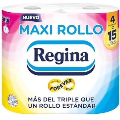 Regina Maxi Rotolo – 4 rotoli di carta igienica, 500 fogli a 2 strati per rotolo, più di triplo di un rotolo standard, confezione in plastica riciclata al 60%, carta 100% certificata FSC® Regina Maxi Rotolo – 4 rotoli di carta igienica, 500 fogli a 2 strati per rotolo, più di triplo di un rotolo standard, confezione in plastica riciclata al 60%, carta 100% certificata FSC®