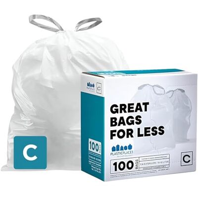 Plasticplace Compatible with Simplehuman (x) Code C (100 Count)│White Drawstring Garbage Liners 2.6-3.2 Gallon / 10-12 Liter │ 14.75" x 20 Plasticplace Compatible with Simplehuman (x) Code C (100 Count)│White Drawstring Garbage Liners 2.6-3.2 Gallon / 10-12 Liter │ 14.75" x 20