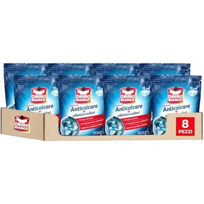 Omino Bianco Anticalcare Lavatrice Tabs, 15 Tabs x 8 pz Protegge con costanza la lavatrice dal calcare e dallo sporco che, accumulandosi ogni giorno, sono causa dei cattivi odori Omino Bianco Anticalcare Lavatrice Tabs, 15 Tabs x 8 pz Protegge con costanza la lavatrice dal calcare e dallo sporco che, accumulandosi ogni giorno, sono causa dei cattivi odori