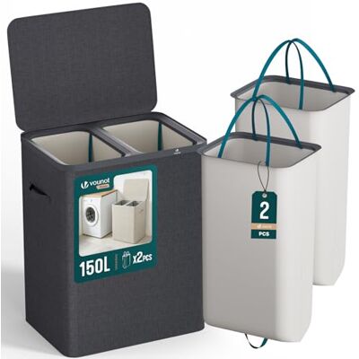 VOUNOT ® Cesto Portabiancheria 150L Rettangolare a 2 Scomparti con Coperchio, Cesto Biancheria Grande Capacità con 2 Sacchi Rimovibili Autoportante e Manici, per Bagno, Camera e Lavanderia, Antracite VOUNOT ® Cesto Portabiancheria 150L Rettangolare a 2 Scomparti con Coperchio, Cesto Biancheria Grande Capacità con 2 Sacchi Rimovibili Autoportante e Manici, per Bagno, Camera e Lavanderia, Antracite