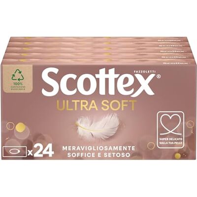 Scottex Ultra Soft Box Fazzoletti di carta, Morbidi e setosi, Confezione 100% Riciclabile, 1.920 Pz, 24 Box da 80 Fazzoletti Scottex Ultra Soft Box Fazzoletti di carta, Morbidi e setosi, Confezione 100% Riciclabile, 1.920 Pz, 24 Box da 80 Fazzoletti