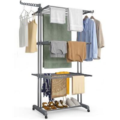 VOUNOT ® Stendino Verticale a 4 Livelli 126x63x170 cm, Stendibiancheria Grande Capacità Pieghevole con Ruote e Ali Laterali, Uso Interno ed Esterno, Grigio VOUNOT ® Stendino Verticale a 4 Livelli 126x63x170 cm, Stendibiancheria Grande Capacità Pieghevole con Ruote e Ali Laterali, Uso Interno ed Esterno, Grigio