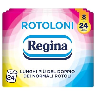 Regina Rotoloni, 24 Maxi Rotoli di Carta Igienica a 2 Veli 500 Fogli, Lunghi Più del Doppio dei Normali Rotoli, Confezione 50% in Plastica Riciclata, Carta 100% Certificata FSC Regina Rotoloni, 24 Maxi Rotoli di Carta Igienica a 2 Veli 500 Fogli, Lunghi Più del Doppio dei Normali Rotoli, Confezione 50% in Plastica Riciclata, Carta 100% Certificata FSC