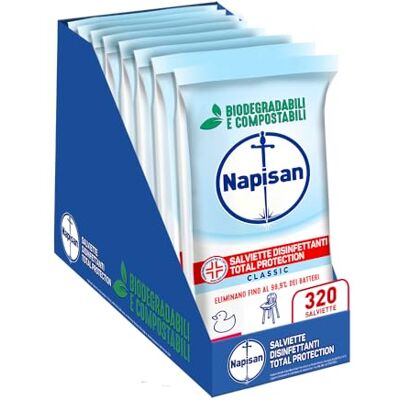 Napisan Salviette Disinfettanti Total Protection, Confezione da 8 Pacchi x 40 Salviette Disinfettanti Biodegradabili e Compostabili Multisuperfici Napisan Salviette Disinfettanti Total Protection, Confezione da 8 Pacchi x 40 Salviette Disinfettanti Biodegradabili e Compostabili Multisuperfici