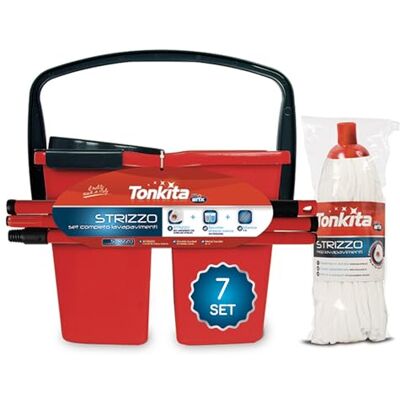 Tonkita Strizzo, Set Pulizia Pavimenti, 3 Pezzi, Secchio a 2 Vasche con Strizzatore 14 Litri, Manico 130cm in Acciaio Componibile Verniciato, Mop Lavapavimenti Confezione da 7 Set Tonkita Strizzo, Set Pulizia Pavimenti, 3 Pezzi, Secchio a 2 Vasche con Strizzatore 14 Litri, Manico 130cm in Acciaio Componibile Verniciato, Mop Lavapavimenti Confezione da 7 Set