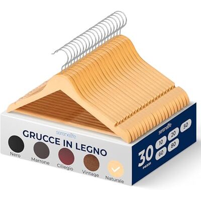 SereneLife Grucce Appendiabiti, 30 Stampelle Armadio in Legno, Appendiabiti Resistenti con Gancio Girevole a 360° e Tacche, Design Sottile per Felpe, Camicie, Giacche, Vestiti e Altro SereneLife Grucce Appendiabiti, 30 Stampelle Armadio in Legno, Appendiabiti Resistenti con Gancio Girevole a 360° e Tacche, Design Sottile per Felpe, Camicie, Giacche, Vestiti e Altro