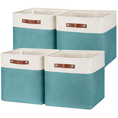 Temary Cubi portaoggetti in tessuto, 33 x 33 cm, per organizzare, confezione da 4 grandi contenitori in tessuto con manici, per riporre vestiti, giocattoli, libri (bianco e verde acqua) Temary Cubi portaoggetti in tessuto, 33 x 33 cm, per organizzare, confezione da 4 grandi contenitori in tessuto con manici, per riporre vestiti, giocattoli, libri (bianco e verde acqua)