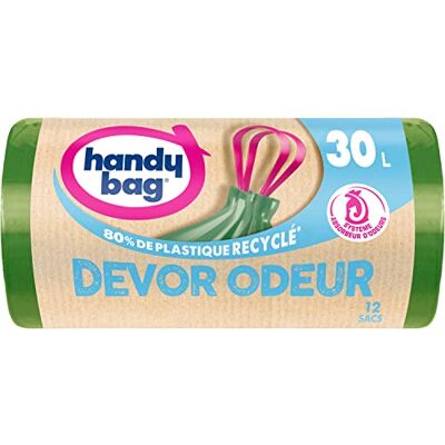 Handy Bag Sacchi per immondizia con manici scorrevoli Devor Odor, 30 x 12 sacchetti, sistema di assorbimento degli odori, ultra resistente, impermeabilizzazione massima 100% plastica riciclata Handy Bag Sacchi per immondizia con manici scorrevoli Devor Odor, 30 x 12 sacchetti, sistema di assorbimento degli odori, ultra resistente, impermeabilizzazione massima 100% plastica riciclata