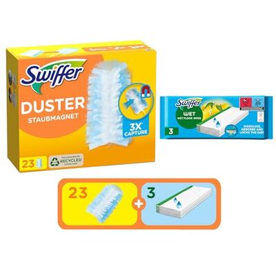 Swiffer Duster Piumini Catturapolvere, 23 Piumini + 3 Panni Lavapavimenti Wet, Cattura e Intrappola Polvere e Sporco, Raggiunge I Punti più Difficili della Casa, Maxi Formato, Scorta per 36 Mesi Swiffer Duster Piumini Catturapolvere, 23 Piumini + 3 Panni Lavapavimenti Wet, Cattura e Intrappola Polvere e Sporco, Raggiunge I Punti più Difficili della Casa, Maxi Formato, Scorta per 36 Mesi
